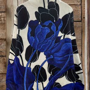 TEMU 여성용 우아한 플로럴 프린트 스웨터 - 긴소매 하이넥 풀오버, & 그린 리프 패턴, 그린, 가을/겨울용 논스트레치 원단, 오피스, 파티, 캐주얼 의상 - 간편한 관리 여성 의류, 여성 스웨터