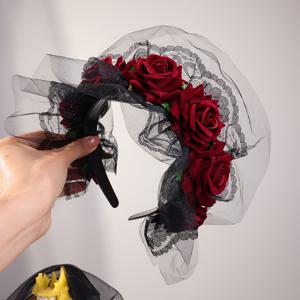 TEMU 1개 고딕 뱀파이어 크라운 헤어밴드 - 블랙 & 레드 플로럴 디자인과 박쥐 장식, 빈티지 스타일 여성용 할로윈 코스튬 액세서리, 테마 파티 및 코스프레, 할로윈 의상, 테마 파티 액세서리, 드라마틱 헤어피스, 정교한 공예, 카트라 헤어밴드, 데이 오브 더 데드 헤어피스, 여성용 헤어핀, 여성용 헤어클립, 왕관, 여성용 헤어밴드
