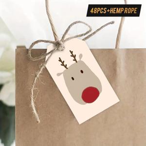 TEMU 48개 대량 대마 로프 선물 태그 세트 - 베이지 순록 & 빨간 코 - 크리스마스, 생일, 결혼식, 샤워용 베이지 & 브라운 라벨 - 대형 대마 로프가 있는 종이 태그 - 재사용 가능 또는 일회용 - 공예, 파티 장식, 브랜딩용 대량 포장 - (접착제/테이프 없음) - 쉽게 자를 수 있는 가장자리 - 대마 로프 선물 및 장식에 이상적