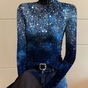 TEMU 여성용 우아한 긴팔 터틀넥 스웨터 - 별이 빛나는 밤 디자인, 슬림핏 하이넥 풀오버, 사계절 캐주얼 & 포멀 웨어 탑