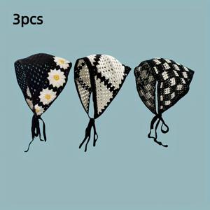 TEMU 3개 세트 크로셰 터번 헤어밴드 세트 - 스타일리시한 블랙 & 화이트 기하학 패턴과 꽃 장식, 여성용 조절 가능한 타이, 여행, 해변, 휴가에 완벽, 해변 액세서리| 스타일|폴리에스터 헤어밴드, 여성용 헤어 액세서리, 왕관, 헤어 액세서리, 헤어 클립, 헤드밴드