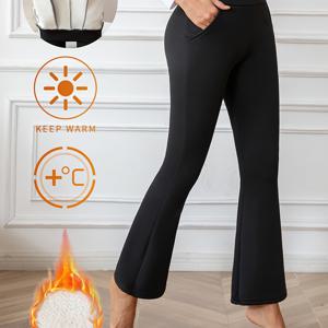 TEMU 1개 따뜻한 플리스 안감 포켓 레깅스, 여성용 고신축 요가 스포츠 바지 - 블랙 플레어 캐주얼 겨울 의상, 캐주얼 플레어 레깅스,피트니스 트레이닝 바지,하이라이즈 플레어 팬츠,신축성 있는 캐주얼 바지, 액티브웨어,매끄러운 스트레치 핏,내구성 있는,중간 신축성 원단|스포츠|요가|요가복