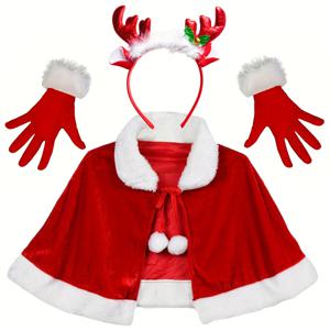 TEMU 올리의 완벽한 크리스마스 코스튬 세트 - 우아한 레드 & 화이트 순록 뿔, 인조 퍼 헤어밴드, 장갑, 망토 스타일 쇼울 포함 (조립 불필요) - 파티, 역할극, 너트크래커 의상용 액세서리 번들|악세사리