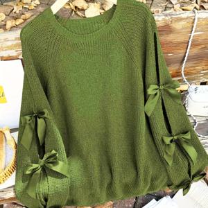 TEMU 여성용 우아한 오프숄더 리본 장식 스웨터 - 부드러운 스트레치 라운드넥 긴소매, 브라운 리본 디자인, 캐주얼~세미포멀 봄/가을 코지 탑 (핸드워시 가능)