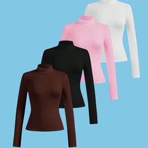 TEMU 4개 여성용 하이넥 긴팔 티셔츠 - 슬림핏, 신축성 좋고 편안함, 단색 (블랙/핑크/화이트/커피) - 캐주얼 복장, 올 시즌 착용, 세탁기 사용 가능, 간편한 관리 원단, 다용도 의류 | 세련된 긴팔 | 스트레치