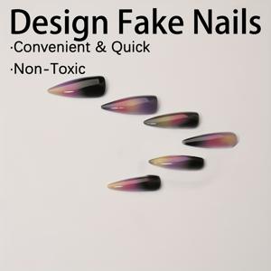 TEMU 24개 세트 롱 샤프 프레스온 네일 & 인조 네일, 블랙과 컬러풀 그라데이션 패턴, Y2K 또는 심플하고 우아한 디자인, 여성을 위한 선물, 네일 아트,우아한 네일,스타일리시 네일,쉬운 적용,재사용 가능한 못,인조 손톱,장식용 못,뷰티 애호가,패션 애호가