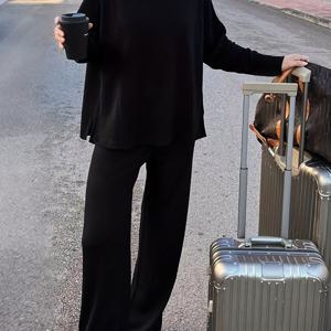 TEMU 여성용 부드러운 기모 안감 스웨터 & 바지 세트 - 따뜻한 긴소매 라운드넥 스웨터, 갈라짐 있는 밑단, 캐주얼 여행복, 가을/겨울에 적합, 캐주얼 웨어, |라운드넥 스웨터|갈라짐 있는 바지, 스웨터 세트