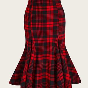 TEMU 여성용 우아한 크리스마스 체크 메리디언 미니 드레스 - 레드 & 체크 스커트, 퍼프 소매, 올 시즌 파티 & 포멀 이벤트 의상, 크리스마스 드레스, 축제 의상, 쇼핑객