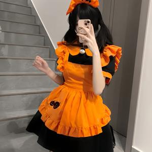 TEMU 3pcs 할로윈 호박 여종업자 코스튬 - 아프런 및 헤어밴드 세트가 있는 핏된 숏 드레스, 러플과 호박 자수 디테일, 신축성 없는 원단으로 제작되어 일상복으로 적합, 여성 코스프레 할로윈 카니발 의상, 롤플레잉