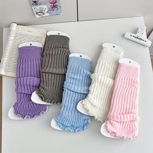 TEMU 여성용 골지 레그 워머 5켤레 - 솔리드 컬러 디자인, 러플 헴, 부드럽고 포근한 미드-카프 양말 (가을/겨울용), 손세탁/드라이 크리닝, 종이 카드 미포함, 귀여운 양말, 겨울 신발, 한국 패션 스타일, 튼튼한 원단