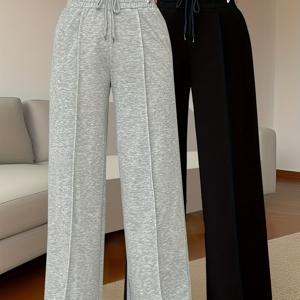 TEMU 2pcs 하이웨이스트 와이드 레그 팬츠 세트 - 벨트 루프 & 핏 오버사이즈 와이드 레그 팬츠, 그레이 & 블랙, 캐주얼부터 포멀웨어까지 (헤더 그레이/블랙) - 세탁기 사용 가능 겨울 팬츠