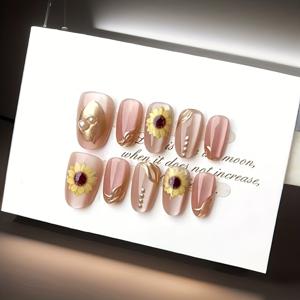 TEMU 10개입 핸드메이드 아몬드형 프레스온 네일 - & 골든 로즈 디자인, 핑크 & 골든 마블 광택 인조 네일, 스틸레토보다 짧은 길이, 웨딩, 파티, 특별한 행사용 - 쉬운 적용 네일 아트 세트