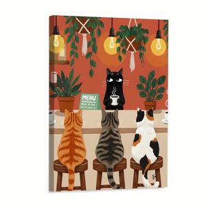 TEMU 1개 모던 캣 카페 벽 아트 - 아늑한 커피숍에서 태비 & 턱시도 고양이 그림, 12x18인치 액자 포장 캔버스 프린트, 거실, 사무실용 - 멀티컬러 고양이 장식 (블랙/화이트/브라운 태비) - 고양이 2D 플랫 완벽한 선물, 룸 데코에 완벽