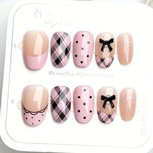 TEMU 10개입 숏 오벌 프레스온 네일 글로시 핑크 & 블랙 체크/깅엄/리본 액센트 인조 네일 - 여성용 쉬운 적용 네일 연장, 웨딩, 파티, 데일리 웨어 (핑크 & 블랙) - 숏 길이 팁 네일 아트
