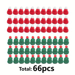 TEMU 66개 미니 니트 크리스마스 모자 세트 - 빨강, 초록, 흰색 작은 겨울 비니와 흰색 폼폼, 크리스마스 트리, 선물 포장, 테이블 세팅용 대량 파티 장식 - 내구성 있는 미니어처 모자, 휴일 공예 및 장식용