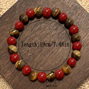 TEMU 1개 8mm 호랑이 눈 돌 & 빨간 인공 비즈 팔찌 - 탄력 있는 스트레치 코드, 여성 및 남성용 돌 비즈, 파티, 결혼식, 일상 사용을 위한 연중 착용 - 우아한 비즈 선물