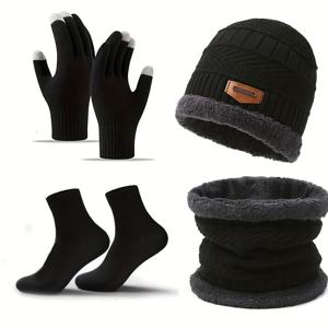 TEMU 4pcs 겨울 세트 | 따뜻한 하늘 니트 모자, 스카프, 장갑, 양말 - 폴리에스터 섬유, 추수감사절, 크리스마스, 발렌타인데이에 적합