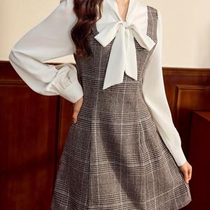 TEMU 여성용 2-in-1 A라인 드레스 - 벨 칼라 & 체크 리본 장식, 긴 소매 슬릿 디자인 - 크리스마스, 생일, 파티, 데이트 나이트에 적합 - 봄, 가을, 겨울용 세탁기 세탁 가능한 우아한 드레스 (필요 없음)|가을원피스