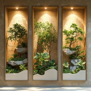 TEMU 2D 평면 3피스 세트 실내 식물 벽 스티커, 일본 정원 스타일 미니어처 정원 장식 벽 스티커, 녹색 식물과 암석이 있는 조명 벽 틈새, 거실, 침실, 스파, 식사 공간에 적합한 우아한 홈