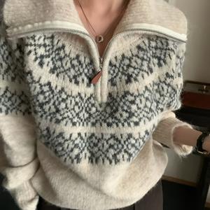 TEMU 빈티지 페어 아일 스웨터 - 하이넥 지퍼 칼라 겨울용 보온, 루즈핏 케이블/네일헤드 패턴 (아일 & 로컬), 캐주얼 또는 드레시한 아웃핏을 위한 포근한 가을/겨울 스웨터, 손세탁/드라이클리닝