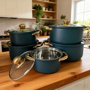 TEMU 뚜껑 포함 5피스 스테인리스 스틸 조리기구 세트 - 내구성 강한 410 등급 냄비와 팬, 골든 노브가 있는 진한 블루, 인덕션 스토브 호환, 끓이기, 튀기기, 끓여쓰기에 적합 - 가정 및 전문 주방에 이상적