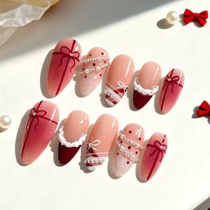 TEMU 10개 세트 - 크리스마스 아몬드 3D 웨어러블 네일, 페인트 블러쉬, 리본, 프렌치 스타일 라인스톤, 그리고 진주 네일 아트.|매니큐어