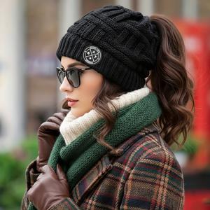 TEMU 여성용 겨울 따뜻한 비니 모자, 높은 포니테일 오픈 - 긴 머리용 가벼운 신축성 있는 비니, 단색 캐주얼 야외 스포츠 & 데일리, 우아한 라운드 캡 디자인, 세탁기 사용 가능, 귀여운 겨울 모자