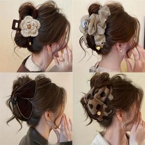 TEMU 4개 여성용 우아한 대형 삼각 헤어 클립 - 빈티지 물방울 무늬 & 상어 디자인, 리본 & 꽃 장식, 내구성 좋은 플라스틱 헤어, 가을/겨울용, 생일 파티 & 데일리 스타일링, 헤어 클립, 시즌별 헤어 액세서리, 빈티지 헤어피스