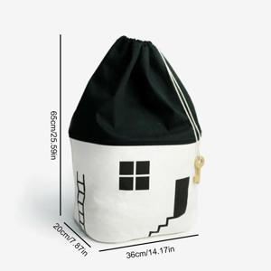 TEMU 1개 북유럽 블랙 & 화이트 하우스 패턴 드로스트링 수납 바구니 - 튼튼한 원단 세탁 바구니, 오픈형 상단 & 견고한 받침대, 침실, 욕실용 공간 절약형 디자인, 옷, 선반 바구니를 위한 모던 홈 정리함|빨래바구니