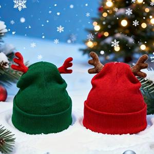 TEMU 솔리드 컬러 크리스마스 사슴뿔 아크릴 비니 | 가볍고 통기성이 좋은 포근한 액세서리, 크리스마스 이브용 심플 패션 겨울 모자 (여성 & 남성)