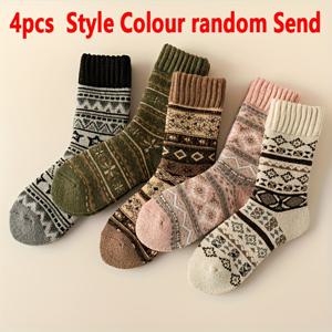 TEMU 4개 여성용 미드 카프 양말 | 가을-겨울용 두꺼운 기모 안감 따뜻한 양말, 매우 두꺼운 원단, 기하학적 패턴, 편안한 디자인, 내구성