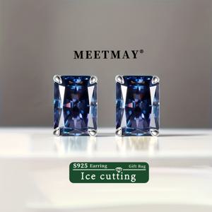 TEMU 7ct 다크 탄자나이트 블루, 8*10 십대 소녀를 위한 직사각형 아이스 컷 925 스털링 실버 스터드 귀걸이