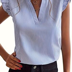 TEMU 여성용 연두색 & 흰색 줄무늬 V넥 퍼프 소매 블라우스 - 캐주얼 루즈핏 버튼업 셔츠, 여름 의상에 완벽, 캐주얼 여름복 | V넥 블라우스 | 버튼업 셔츠, 여성용 탑 및 블라우스, 여성용 셔츠 및 블라우스, 여성용 탑 블라우스, 여성용 셔츠, 여성용 블라우스, 여성용 탑 블라우스, 여성용 스타일리시 탑