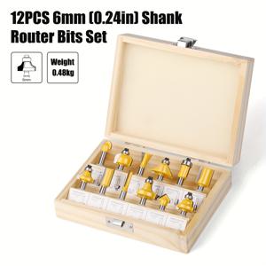 TEMU 12개, 1/4인치 샨크 / 6mm 샨크 / 8mm 샨크, 라우터 비트 세트, 텅스텐 카바이드 밀링 커터, 전문 목공 도구, 나무 케이스 포함, 나무 다듬기 슬롯팅 조각