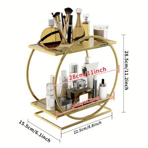TEMU 1개 우아한 2단 골든 화장품 보관대 - , 립스틱, 향수 등을 위한 방청 주철 화장대 정리함 - 대용량, 다기능 카운터탑 보관 솔루션, 욕실 및 메이크업 공간용 원형 디자인, 화장대 액세서리