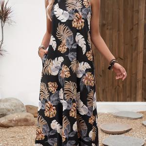 TEMU 여성용 민소매 A라인 맥시 드레스 - 블루 & 화이트 추상 식물 프린트, 여름용 긴 드레스, 숨겨진 포켓, 기계 세탁 가능, 라운드 넥 디자인, 캐주얼 및 정장용