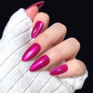 TEMU 드래곤 프루트 컬러 (핑크) 반짝이는 풀 커버리지 캣 아이 30개 롱 아몬드 프레스온 재사용 가능한 손톱 & 샌딩 스트립 1개 & 젤리 글루 1개, 사무실 및 일상 착용에 적합