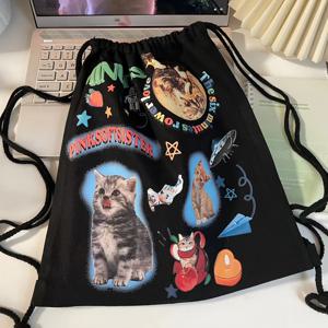 TEMU 레트로 만화 고양이 프린트 끈백팩 - 컬러풀한 장난기 가득 고양이 일러스트, 접을 수 있는 경량 디자인, 여성용 고정 어깨끈 & 끈 잠금장치, 학생용 일상 백팩, 미니피규어 액센트, 내구성 있는 끈