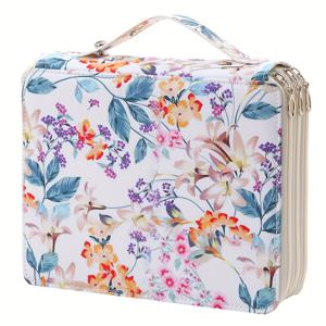 TEMU 대용량 124슬롯 캔버스 필통, 꽃무늬 프린트 & 휴대용 손잡이 및 지퍼 클로저 - 내구성 있는 페인트 마감, 사무실용 미술 용품 정리, 컬러풀 패턴 디자인