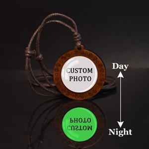 TEMU 1개 맞춤형 사진 야광 목걸이 - 나무 로프 체인이 달린 개인화된 루미너스 유리 돔 펜던트, 빈티지 펑키 스타일 남녀공용 생일/기념일 선물용 쥬얼리, 귀여운 목걸이