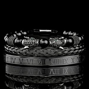 TEMU 남성용 럭셔리 세트: 더블 헤드 에멀럼 로마 숫자, 304 스테인레스 스틸 밴드와 스톤 비즈, 골든 톤 액센트 - 일상 착용, 파티, 선물에 이상적, 파티 액세서리 | 세련된 로마 숫자 팔찌 | 내구성 있는 비즈 구조, 보석