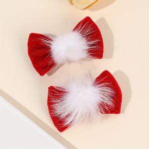 TEMU 2개 레드 벨벳 리본 헤어 클립 (화이트 폼폼 장식) - 5cm 귀여운 기하학 패턴, 파티 및 데일리 헤어 액세서리 (여아용), 크리스마스, 발렌타인데이, 결혼식에 완벽, 우아한 헤어핀, 튼튼한 헤어핀, 올 시즌용
