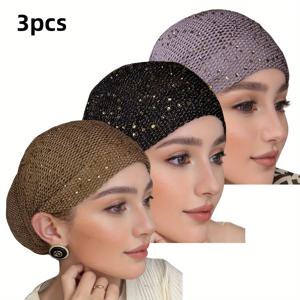 TEMU 3개/새 봄 매듭 비니 우아한 단색 폴리에스터 여성용 헤어밴드, 편안하고 가벼운 라인스톤 장식이 있는 브림리스 모자
