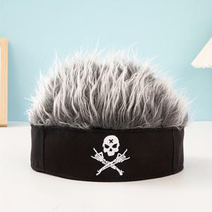 TEMU 리얼한 가짜 머리가 달린 빈티지 해골 자수 비니 모자, 브림이 없는 폴리에스테르 스컬리 모자, 힙합 스타일의 장난스러운 집주인 멜론 모자, 짠해진 해적 위그 모자