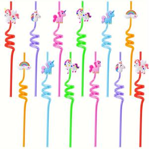 TEMU 12개 재사용 가능한 유니콘 플라스틱 빨대, 유니콘 테마 파티 장식, 창의적인 빨대, 파티 답례품 랜덤 색상, 할로윈, 크리스마스, 새해 선물, 발렌타인데이