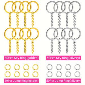 TEMU 200개 팩 실버색 키링 부속품 키트, 철 25mm 플랫 스플릿 키체인 링 체인 및 100개 점프 링, DIY 공예 및 쥬얼리 만들기 용품|키링|키링부자재
