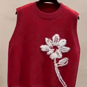 TEMU 우아한 민소매 라운드넥 베스트 - 플로럴 프린트, 리치 레드 컬러, 봄/가을 캐주얼 & 포멀 레이어링 아이템 (세탁기 사용 가능)