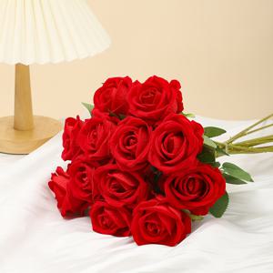 TEMU 12개 리얼리스틱 인조 장미 - 긴 줄기 빨간 장미와 그린리, 웨딩 센터피스용 생생한 꽃다발, 발렌타인데이 , 홈 데코, 관리 없는 인공꽃, 결혼식 장식용 플라스틱 꽃, 로맨틱 선물, 세련된 디자인의 정교한 꽃잎 디테일