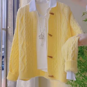 TEMU 2024 가을-겨울 신상 젠틀 옐로우 스위트 스타일 버튼 플래킷 가디건 | 부드럽고 두꺼운 빈티지 케이블 패턴, 크루넥, 긴소매, 루즈핏