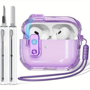 TEMU KEKOA 에어팟 프로 1 & 2 호환 투명 케이스 - 안전 잠금, 원터치 개방, 분실 방지 끈 & 청소 펜 포함 - 잠금 메커니즘 커버 (케이스만 포함 - 이어폰 미포함)